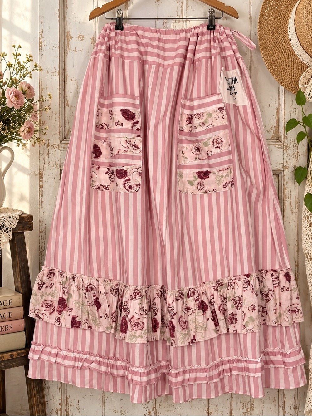 🌸 Kaantha Karma Handmade Pink Stripe Floral Ruffle Maxi Skirt One Size